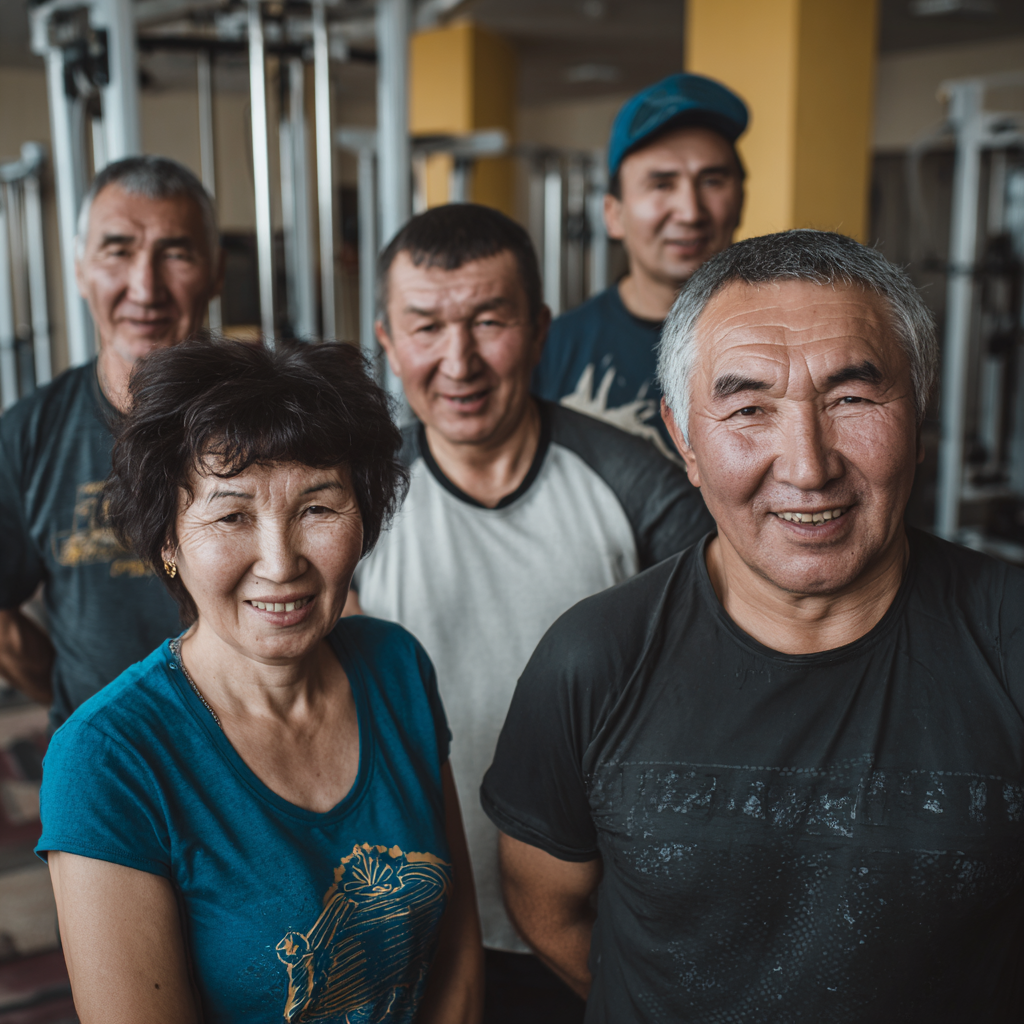 Счастливая казахстанская семья занимается фитнесом в тренажерном зале, улыбаясь во время выполнения упражнений