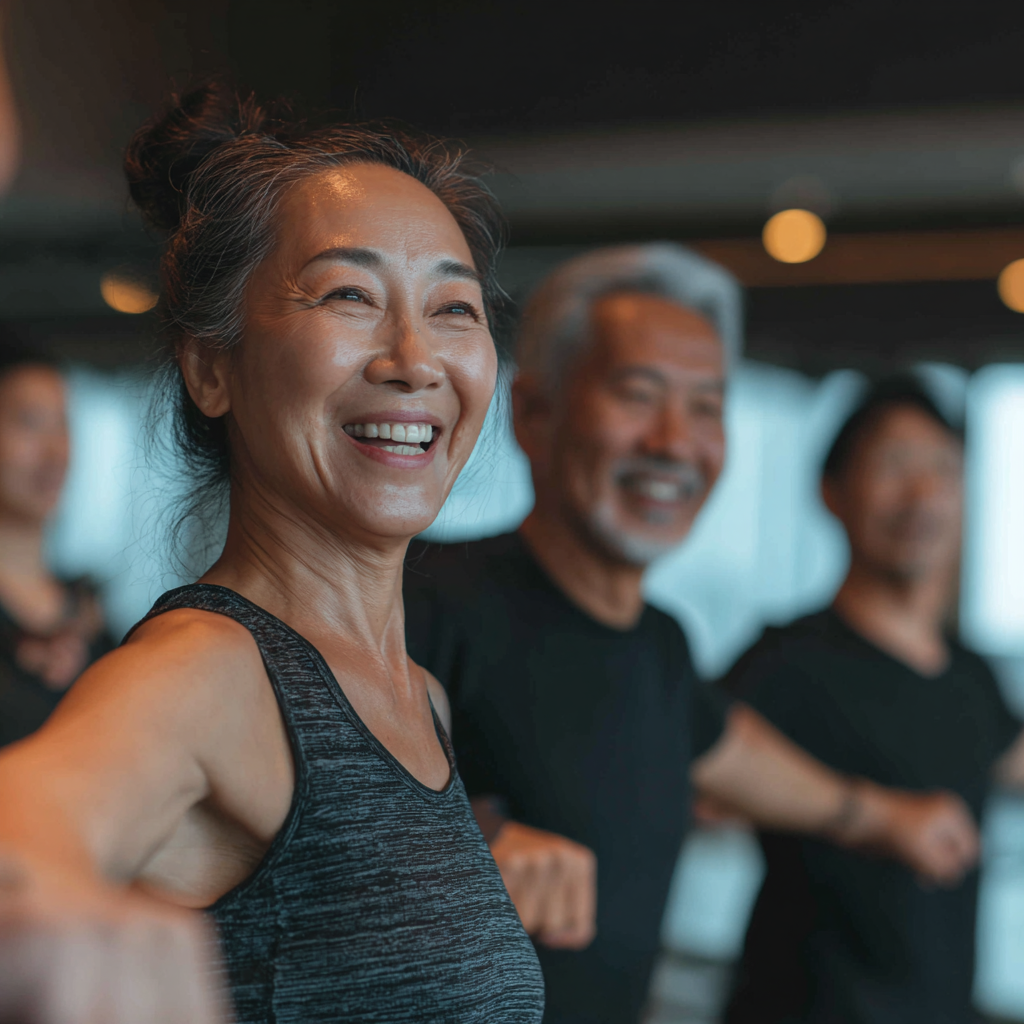 Группа взрослых людей казахской национальности различного возраста улыбается после успешной тренировки в фитнес-центре