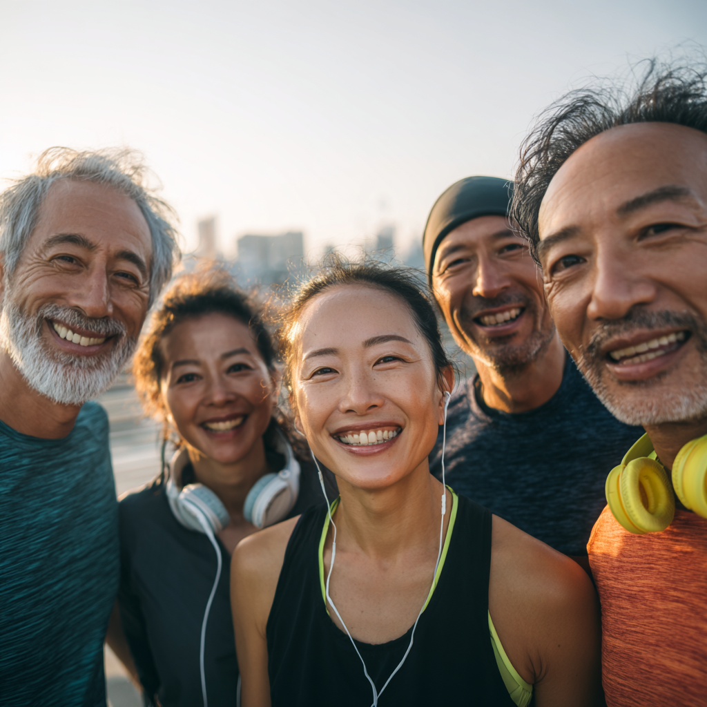 Профессиональные офисные работники казахской национальности выполняют простые упражнения на рабочем месте, улыбаясь и поддерживая активный образ жизни